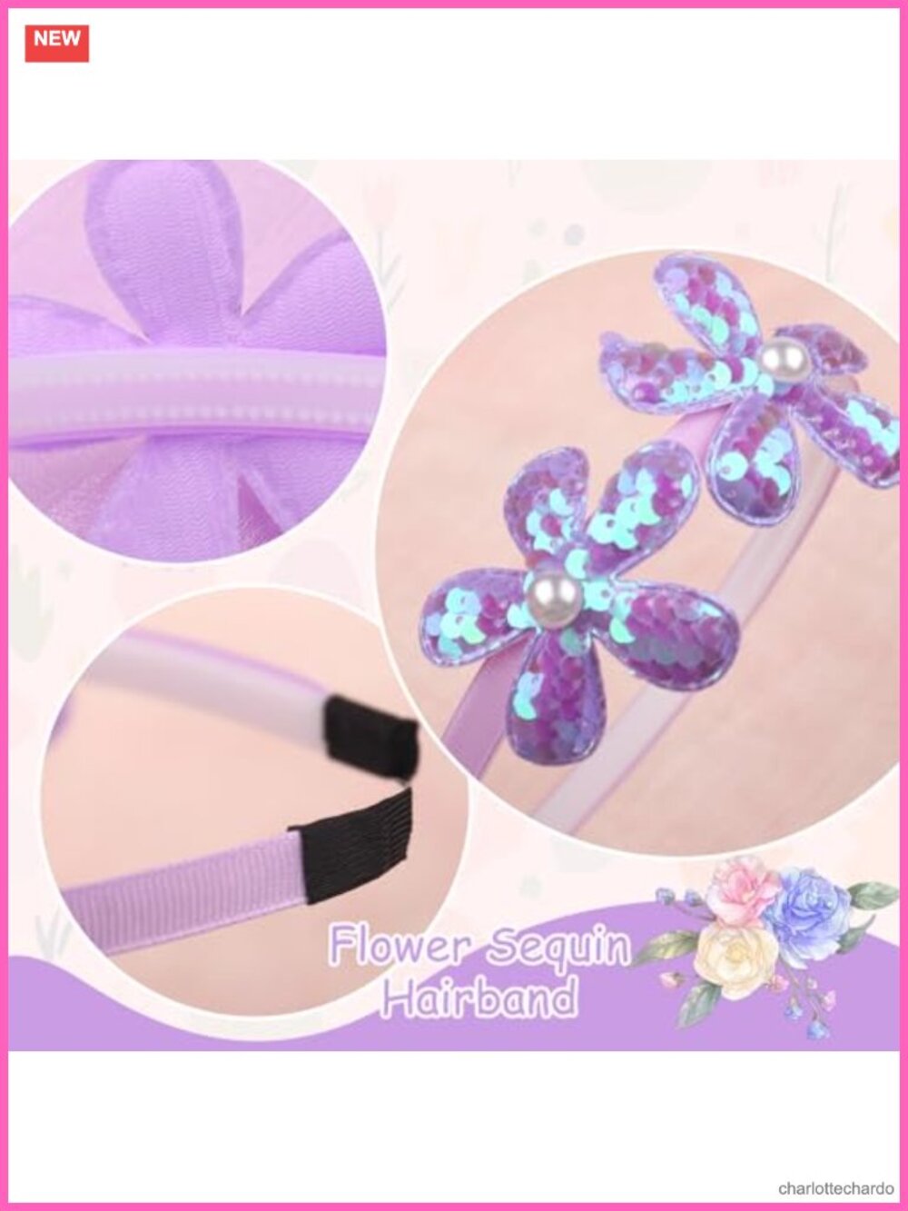 Flower Headband Purple Glitter Floral Hair Hoop Spring Summer Headpiece - Picture 2 of 6